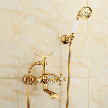 Bathtub Faucet Set Gold Polished Brass Gold Wall Mount Cross Handle