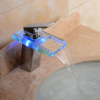 Waterfall Bathroom Faucet Led Brass Glass Battery Operated Centerset