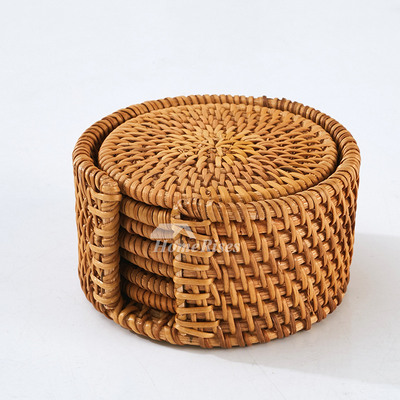 Round Rustic Coasters Set Tea Rattan Unique Drink Personalized Bar