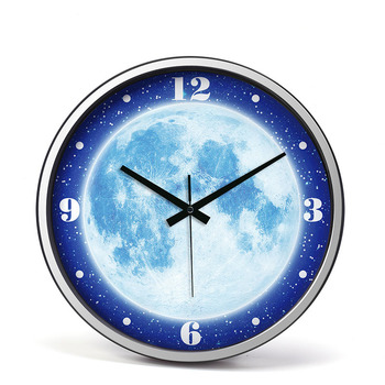Illuminated Wall Clock 14 Inch Round Silent Modern Silver/Black Metal