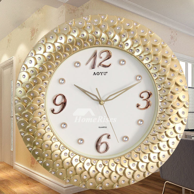 Gold Wall Clock Silent 16 Inch Large Analog Decorative White Plastic