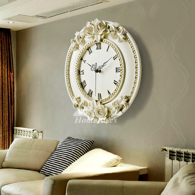 Analog Wall Clock Round 12 Inch Carved Silent Cheap Beige Bathroom