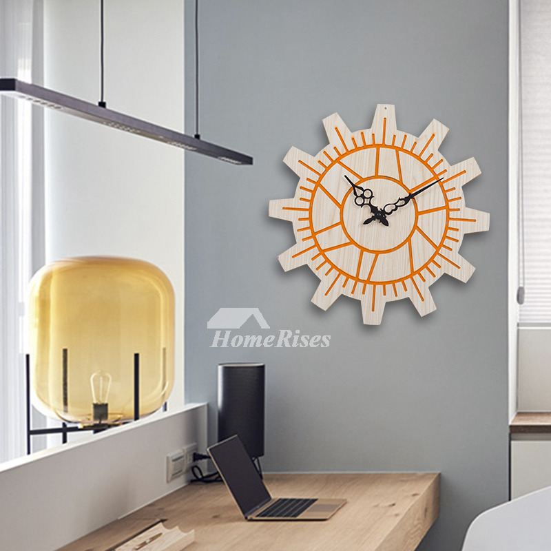 Gear Wooden Orange Wall Clock 15 Inch Big Green Cheap Rustic Kitchen
