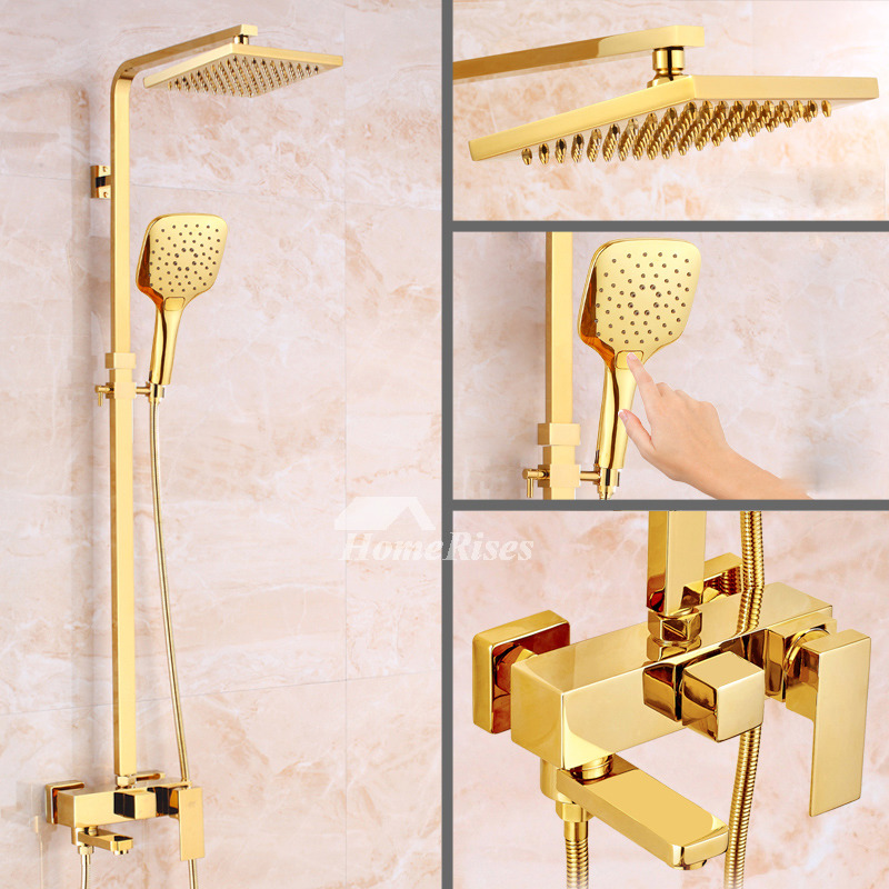 Gold Shower Faucet Polished Brass 8 Inch Top Wall Mount Single Handle