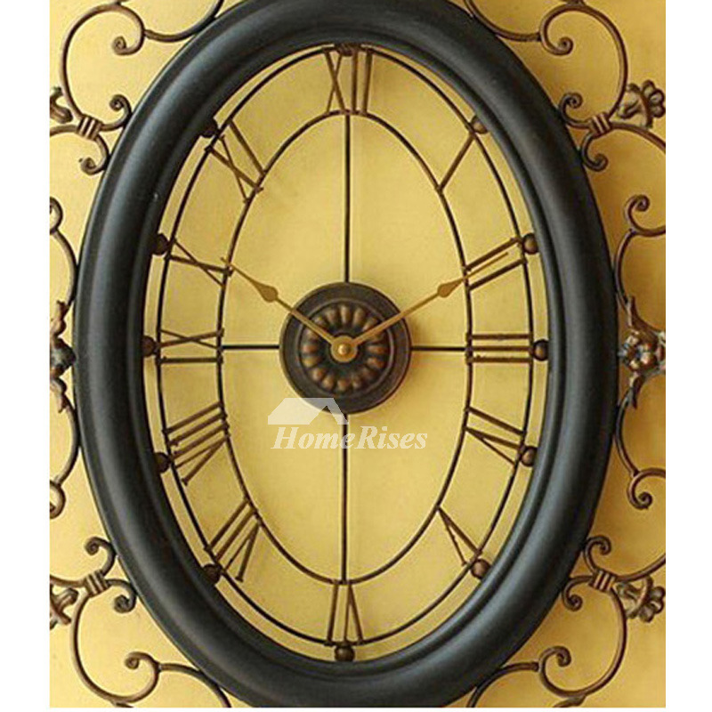 Long Wall Clocks Oval Wrought Iron 18 Inch Large Black Art Deco Skeleton