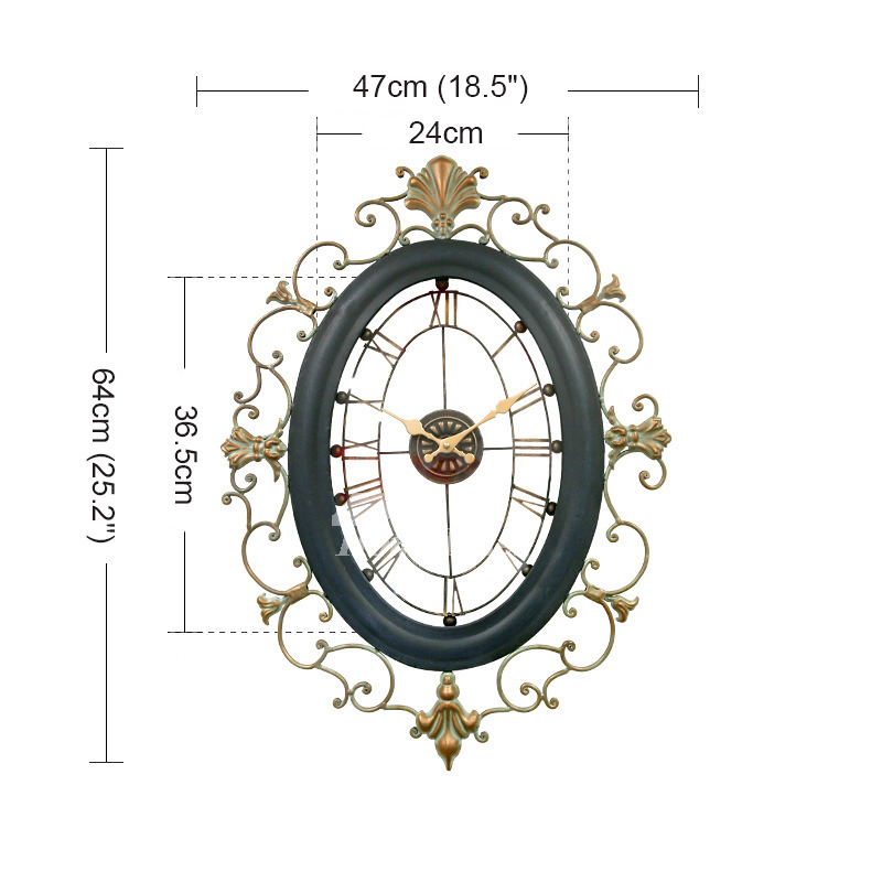 Long Wall Clocks Oval Wrought Iron 18 Inch Large Black Art Deco Skeleton