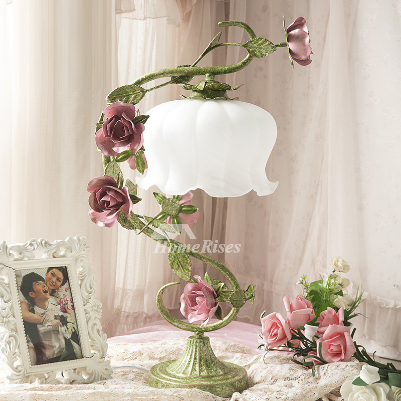 Beautiful Bedroom Lamps Flower Girls Glass Shade Wrought Iron Green