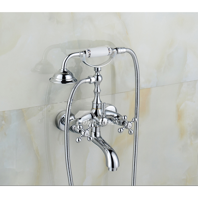 thumbnail image 2 of Gotonovo Polished Chrome Wall Mount Clawfoot Tub Faucet Set With Hand Shower – 2-Handle Cross Style 2 of 4