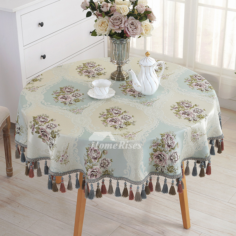 Flower Tablecloth Blue Dining Room Round Jacquard Polyester&Cotton
