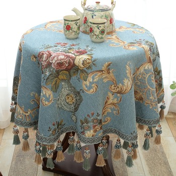 Vintage Tablecloth Round Blue/Beige/Brown Jacquard Dining Room