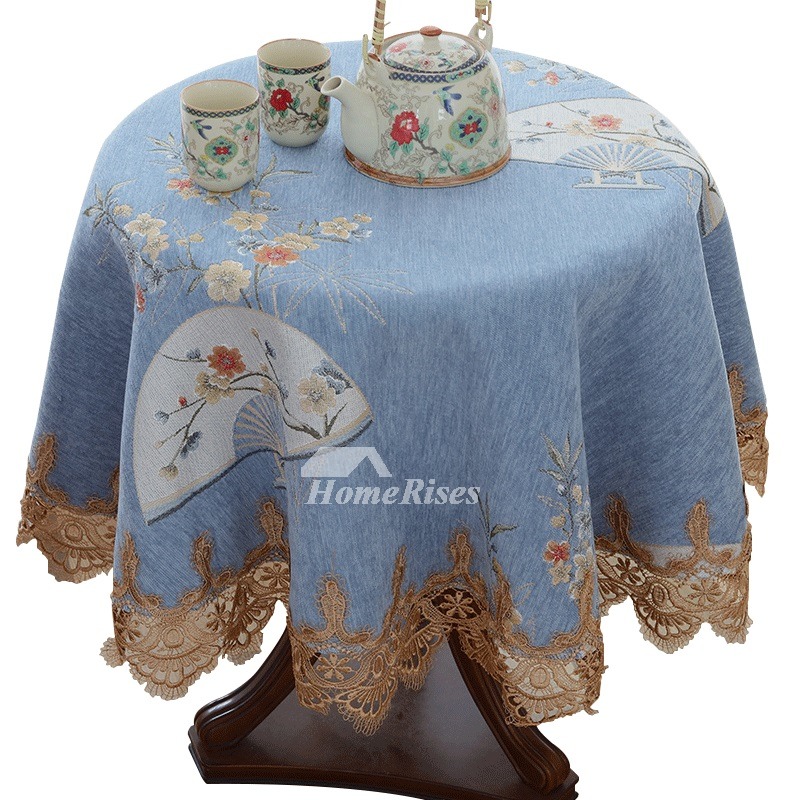 Tablecloths For Less Blue/Cream/Purple Jacquard Round Polyester Fabric