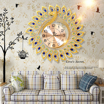 Gold Wall Clock Peacock 23 Inch Oversized Metal Hanging Quiet