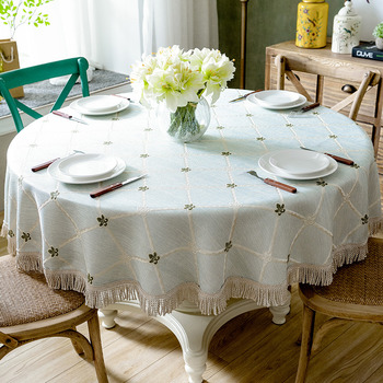 Plaid Tablecloth Green/Yellow/Blue Round 70 Inch Embroidered Tassel