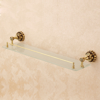Bathroom Gold / Black Carved Wall Mounted Brass Glass Shower Shelf