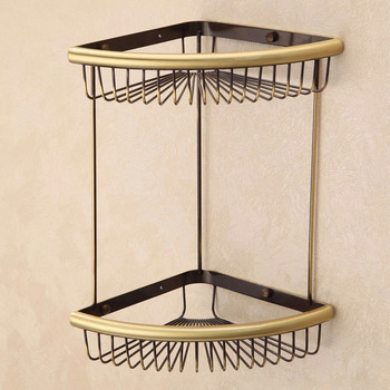Gold Fine Brass Bathroom Corner Shelf Double Shower Caddy Basket
