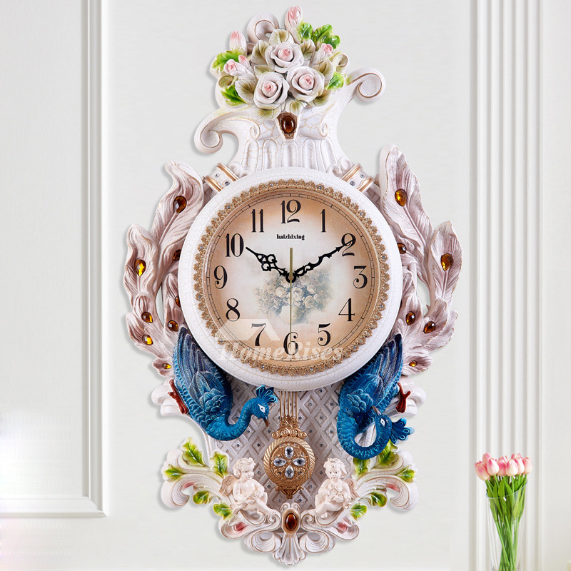 Large Wall Clocks Peacock Pendulum Decorative luxury Silver/Colorful