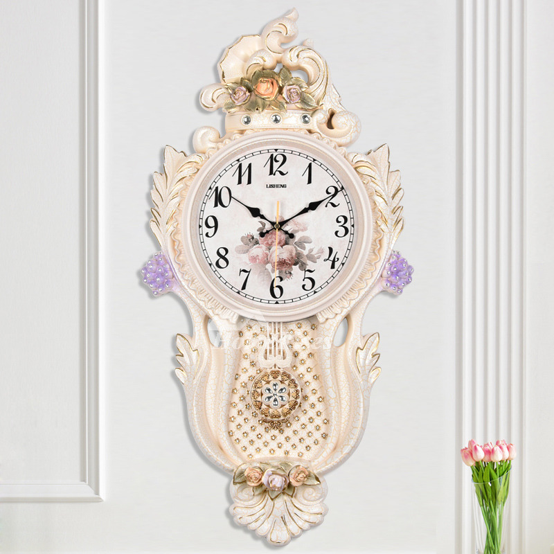Large Wall Clocks Decorative Floral Silver/White Silent Pendulum Country