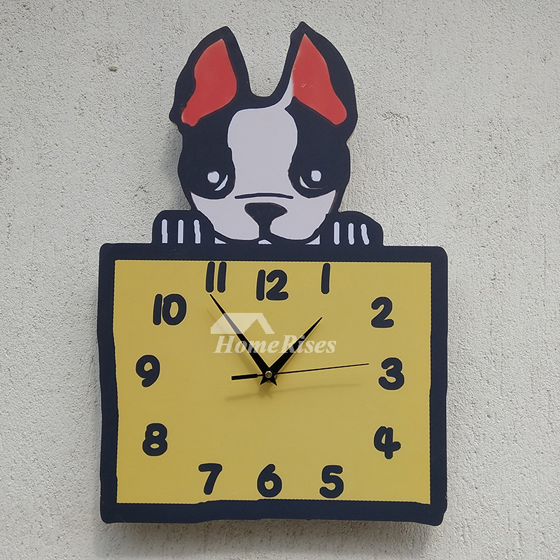 Animal Wall Clock Cute Decorative Funny Dog Kids Wooden Silent Yellow