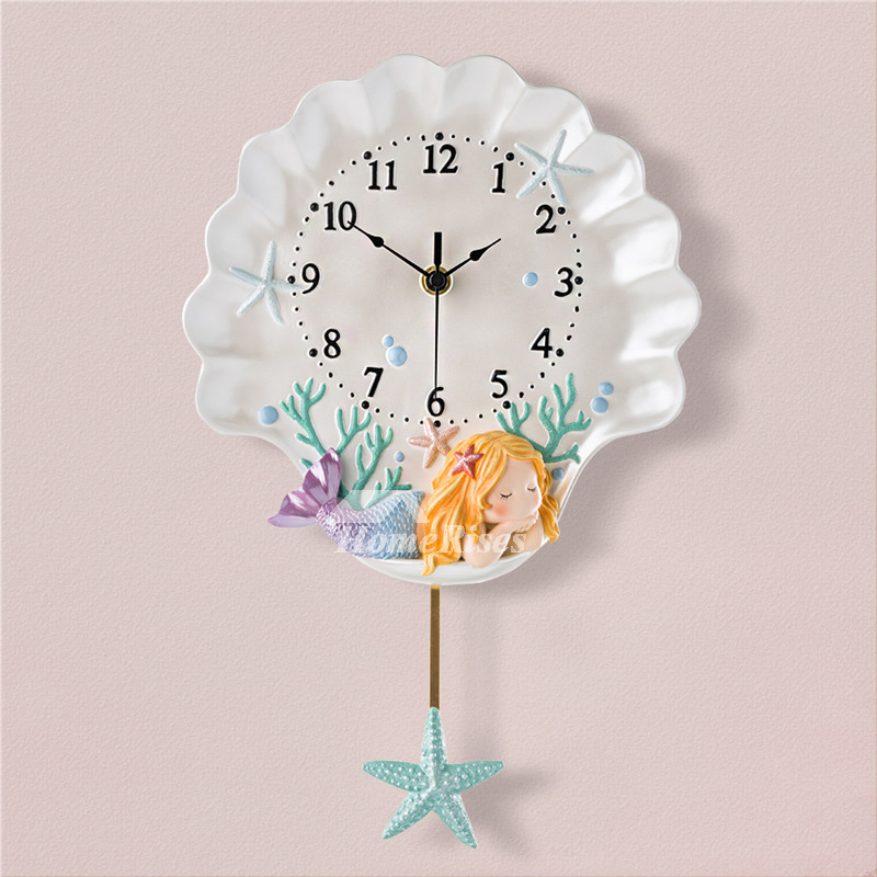 Beach Wall Clock Mermaid Kids Cute Decorative Pendulum Silent White