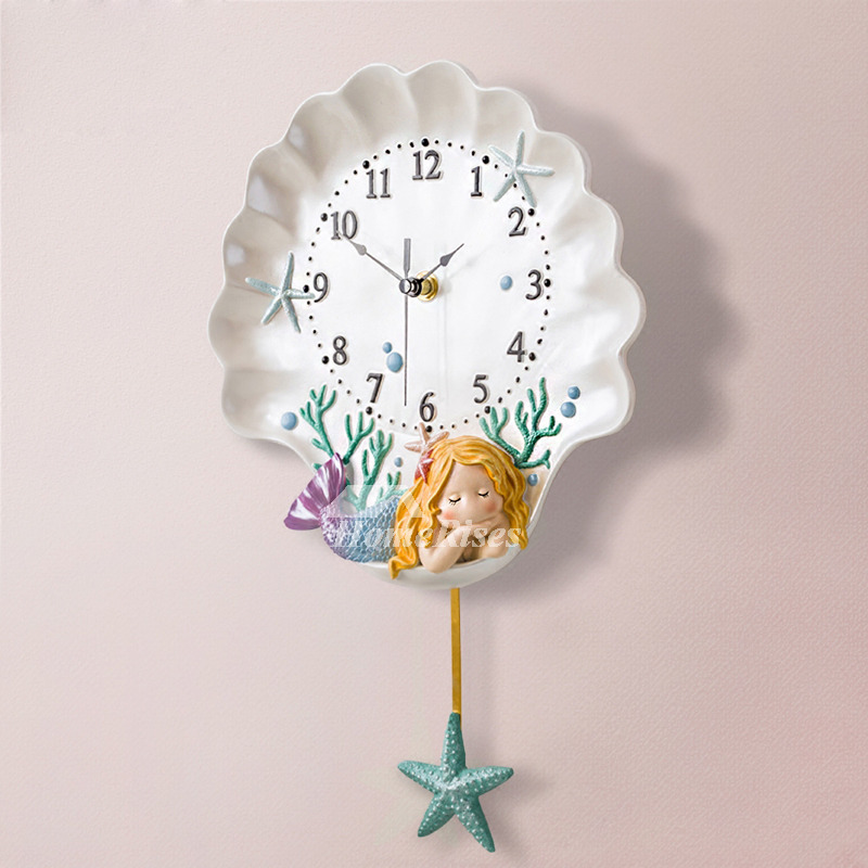 Beach Wall Clock Mermaid Kids Cute Decorative Pendulum Silent White