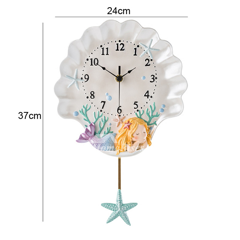Beach Wall Clock Mermaid Kids Cute Decorative Pendulum Silent White