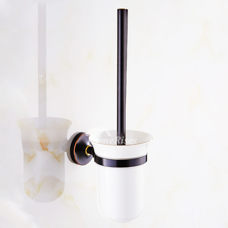 Black Wall Mounted Toilet Brush Holder White Ceramic Cup Brass