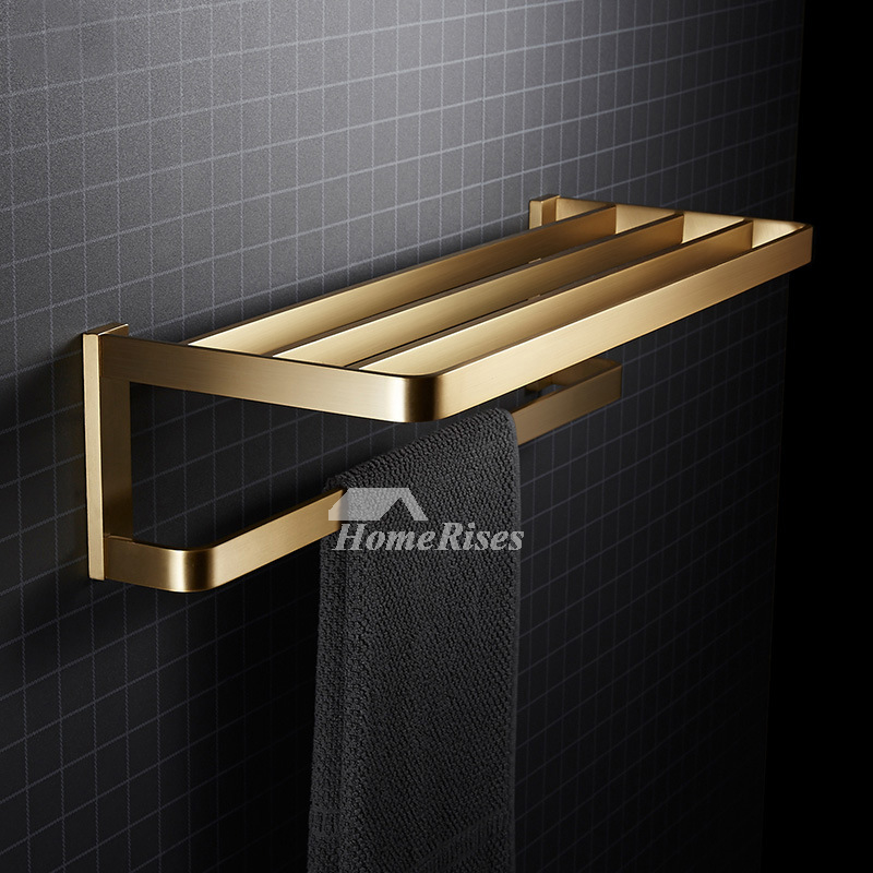 24 Wall Mounted Brass Bathroom Shelf with Towel Rack in Brushed Gold