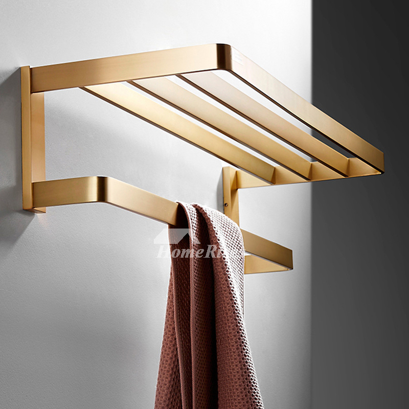 24 Wall Mounted Brass Bathroom Shelf with Towel Rack in Brushed Gold