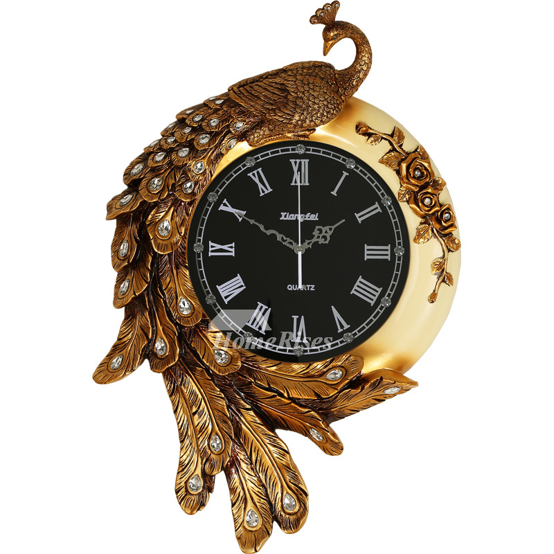 Gold Peacock Wall Clock Fashion Living Room Modern Multicolor