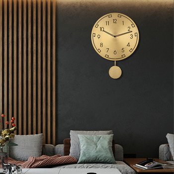 Gold Wall Clock Living Room Brass Round Light Luxury Pendulum 