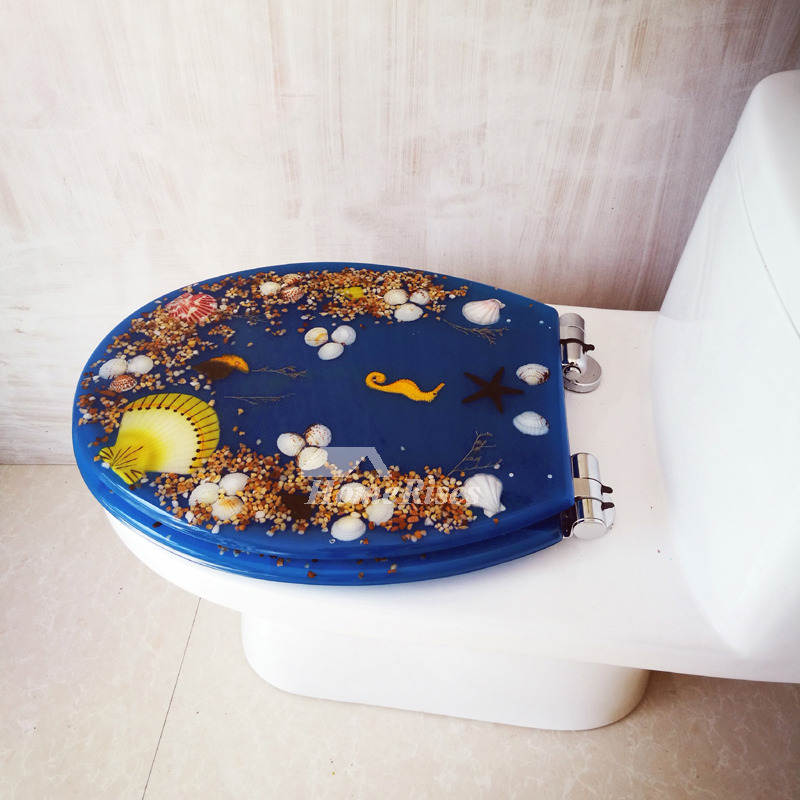 Best Blue Resin Oval Toilet Seat Fancy Seashell Decorative Soft Close