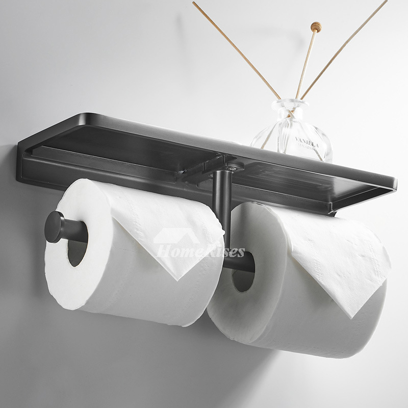 Double Paper Holder with Shelf Black Wood Wall Mounted WC Tissue