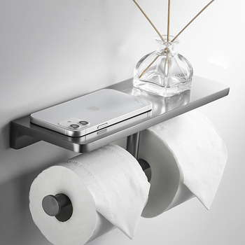 Double Gunmetal Grey Toilet Paper Holder Hotel Matte Black/ Gold/ White Thickened Bathroom Toilet Roll Holder with Shelf