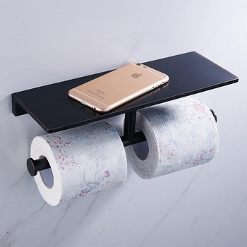 Luxury Double Oil Rubbed Bronze Brass Toilet Paper Roll Holder Industrial Unique Wall Mounted Black Tissue Holder With Phone Shelf