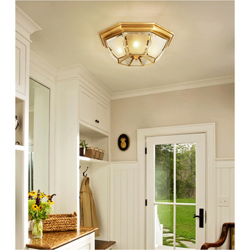 Golden Ceiling Light Fixtures Bedroom Flush Mount Solid Brass Frosted Glass Shade Creative Vintage 
