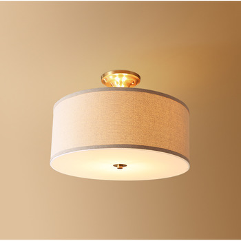 Fabric Lampshade Semi-Flush Ceiling Light Fixtures Round Kids Bedroom Solid Brass E27 LED 20 inch Study Room