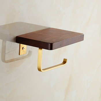 Black Walnut Wooden Toilet Paper Holder with Shelf, Single Post Brass Wall Mounted Rustic Decorative Paper Towel Holder