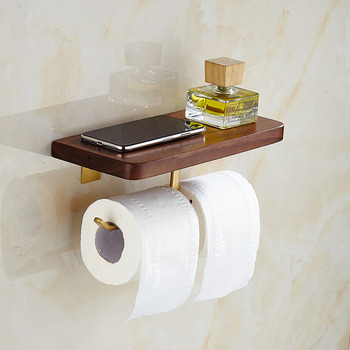 Antique Black Walnut Wooden Double Toilet Paper Holder, Brushed Brass Wall Mounted Rustic Paper Towel Holder with Shelf