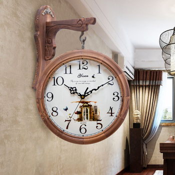 Unique Rustic Decorative Double Sided Analog Silent Wall Clock Wooden Used for Living Room/ Kitchen/ Outdoor/ Bathroom