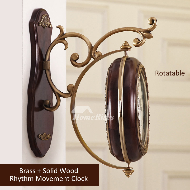 Luxury Rustic Living Room Decorative Double Sided Wall Clock Analog Silent Brass Wooden
