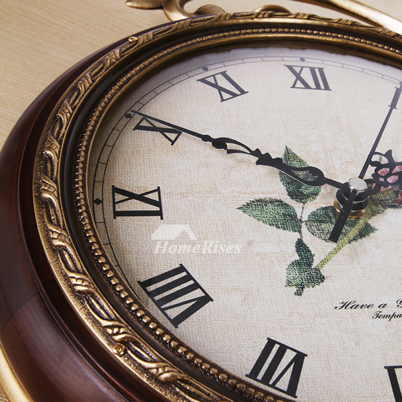 Luxury Rustic Living Room Decorative Double Sided Wall Clock Analog Silent Brass Wooden