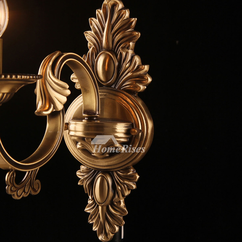 American Vintage Wall Lamps Living Room Corridor Mirror Front Solid Brass Carved Glass Shade Gold 