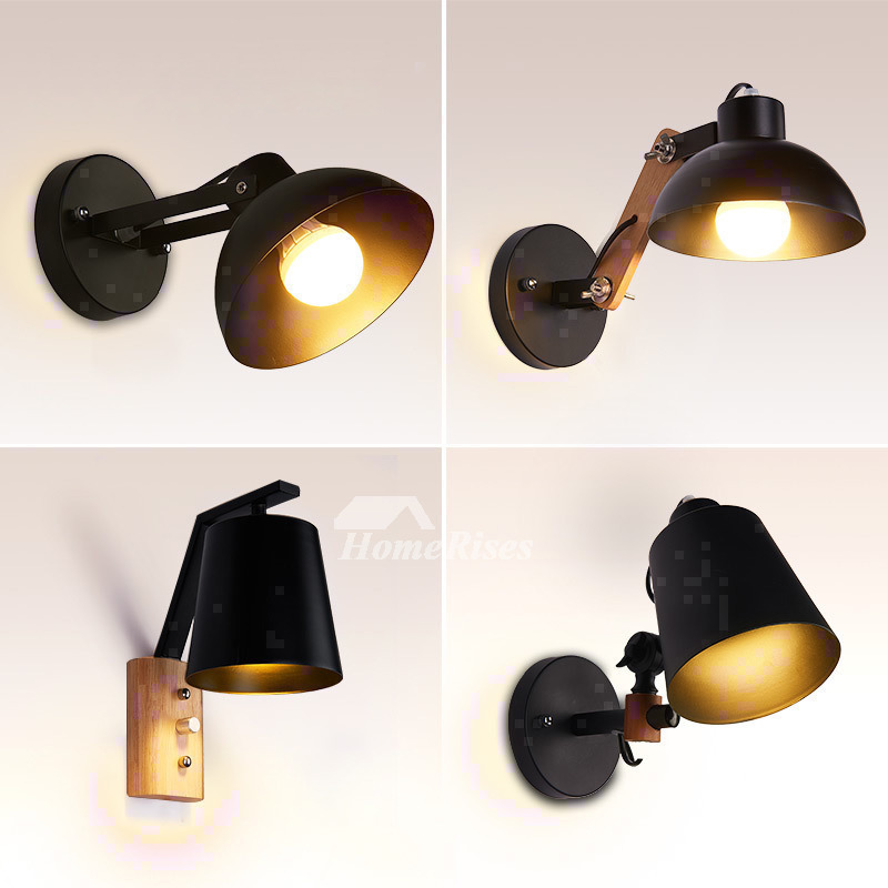 Black Wall Sconce Reading Wrought Iron Contemporary Industrial Wood