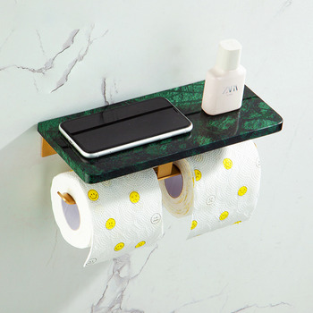 Luxury Double Marble Brushed Brass Toilet Paper Holder With Shelf Hotel Bathroom Wall Mounted Paper Towel Holder