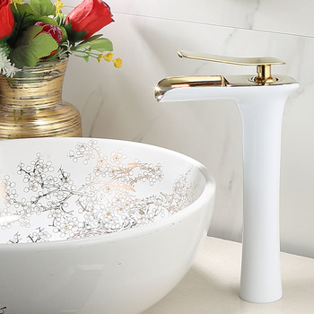 Brass Tall Vessel Sink Faucet Luxury White/ Black/ Gold Waterfall Single Handle Modern 