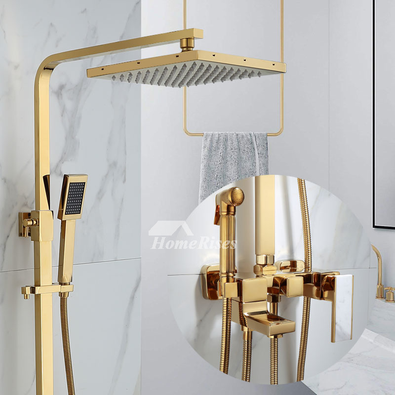 Gold Bathroom Faucets Brass Shower System With Hand Shower Square Best ...