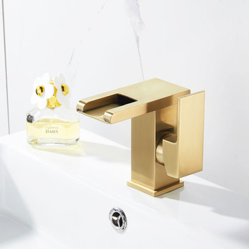 Brass Waterfall Bathroom Sink Faucet LED Brushed Gold Single Handle Tall Vessel Faucet
