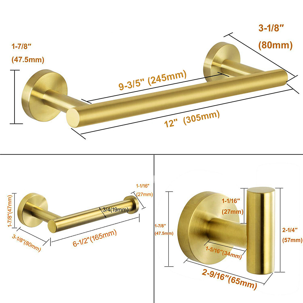 3-Piece Brushed Brass Gold Luxury Bathroom Hardware Set 304 Stainless ...