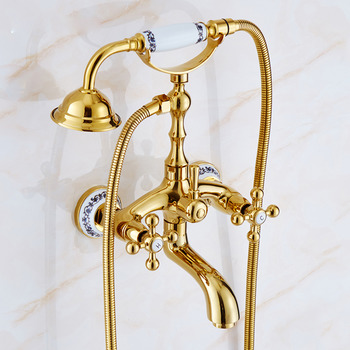 Wall Mount Bathtub Faucet Blue And White Porcelain Handles Brass Polished Gold 