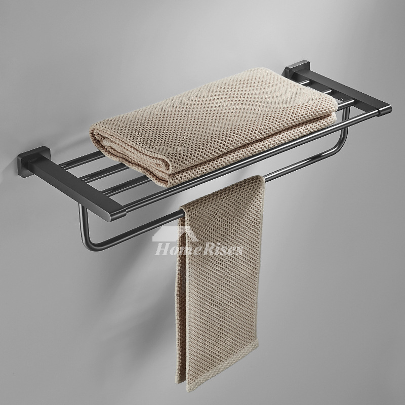 Brushed Gunmetal Grey Brass Bathroom Towel Rack With Robe Hooks Hotel Wall  Mounted